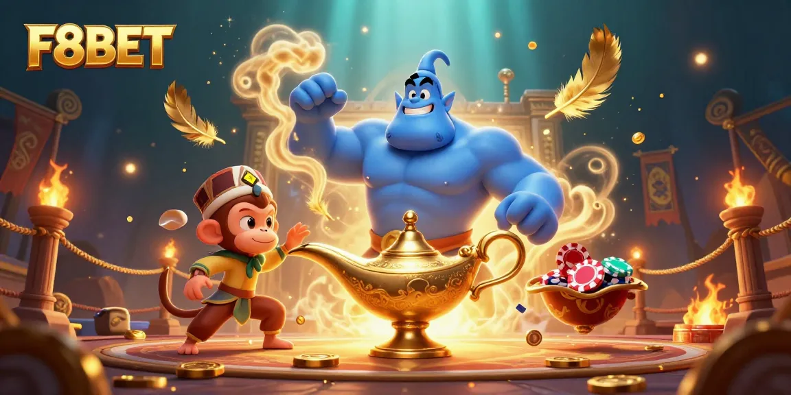 Experience the thrill of F8BET with a lively illustration featuring a genie, a monkey, and poker chips.