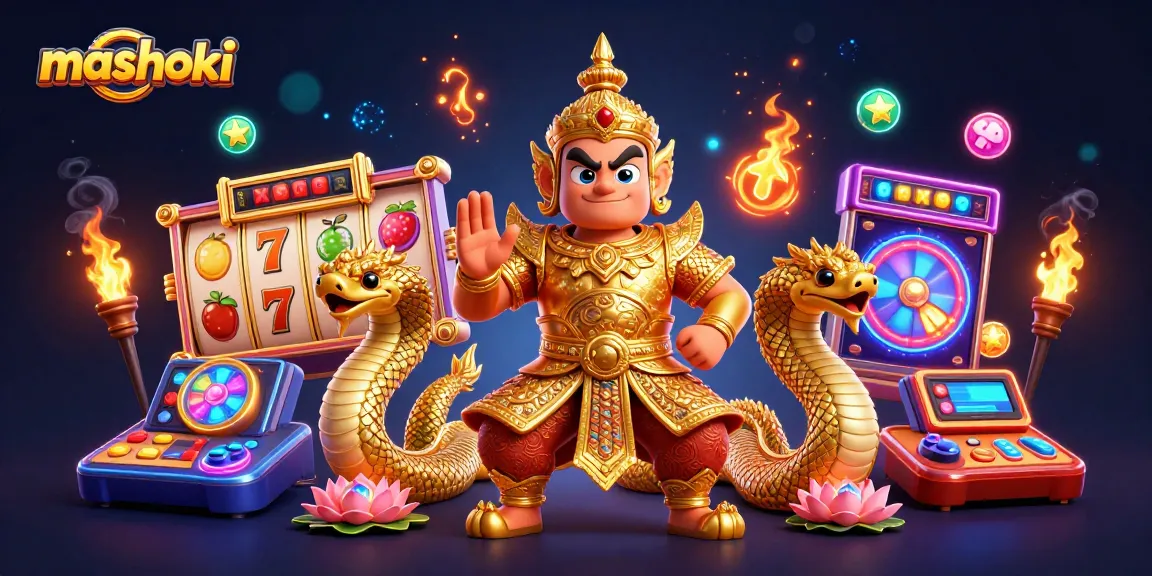 Spin the reels with mashoki's vibrant 3D casino illustration featuring lucky symbols and captivating guardians.