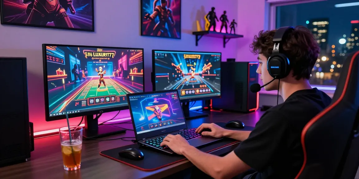 Pengguna Situs LUXURY777 bermain game online di meja modern dengan aksesori permainan yang menarik.