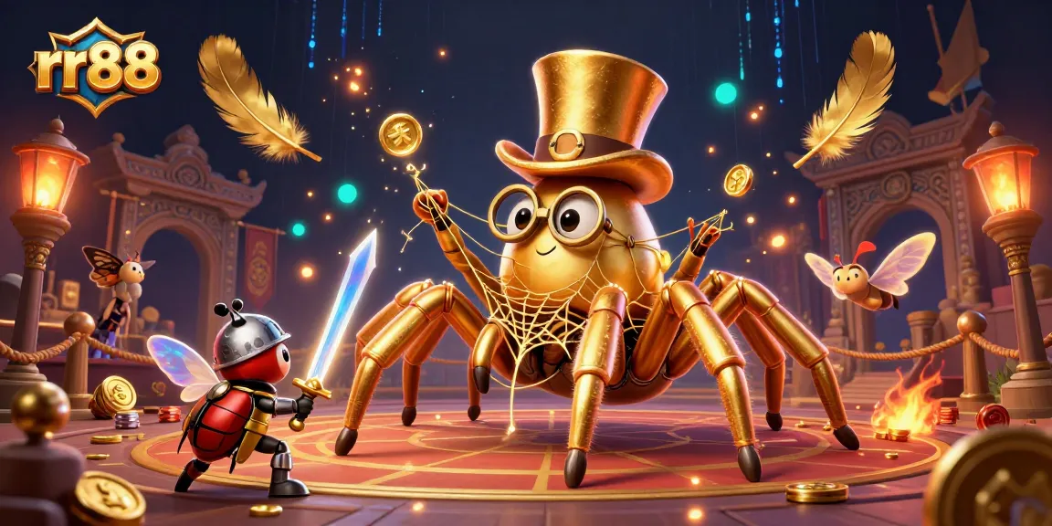 rr88's dynamic casino scene showcasing a golden tarantula and beetle knight, capturing thrilling action