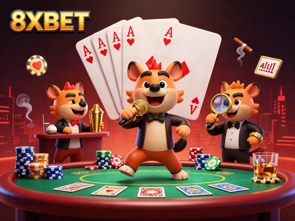 Experience the vibrant energy of 8XBET's comedy casino scene with interactive characters and rich gaming elements.