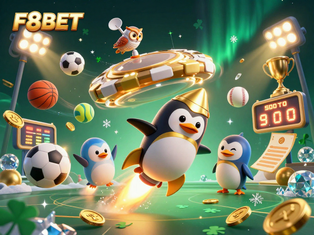 Experience F8BET with golden coins and a cartoon penguin at a casino space station.