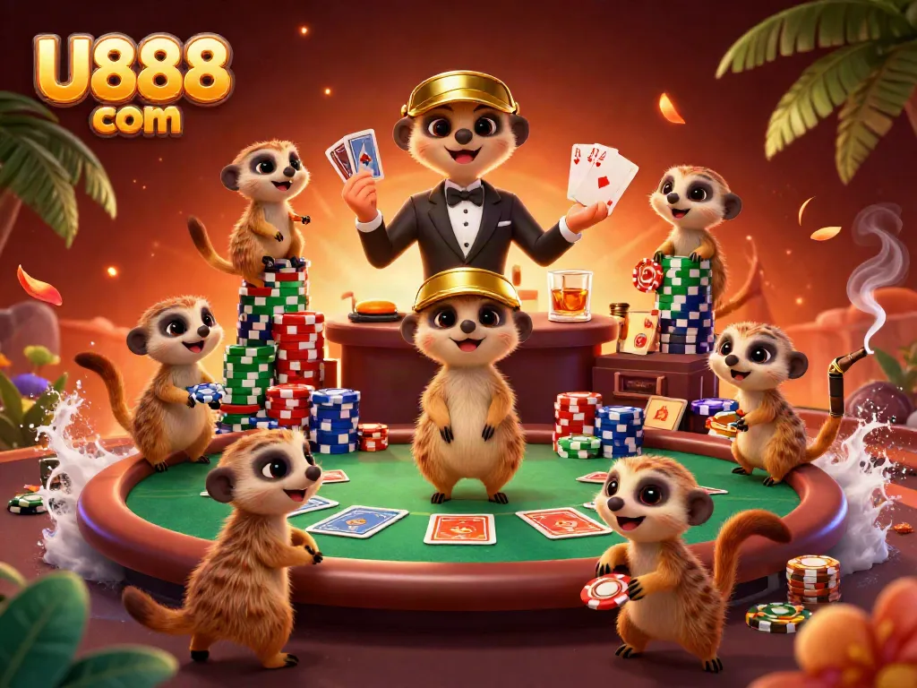 Engaging scene of meerkats managing a casino, showcasing skillful gamblings at U888 com.