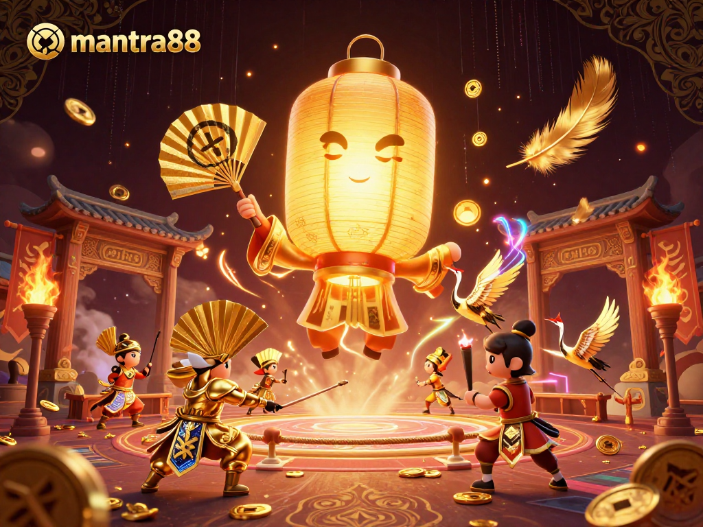 Experience the excitement of mantra88 with a vibrant casino scene featuring golden lantern spirit and dynamic gaming elements.