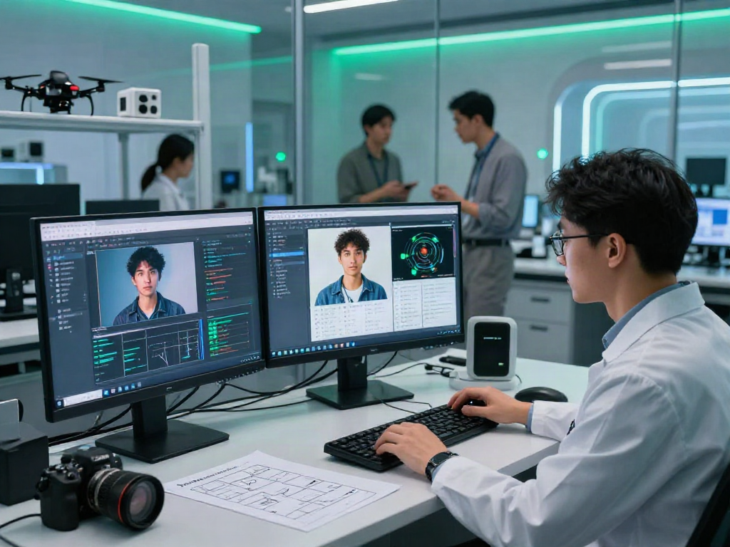 AI Image Detection analysis in a digital lab with researchers reviewing AI-generated images on screens.