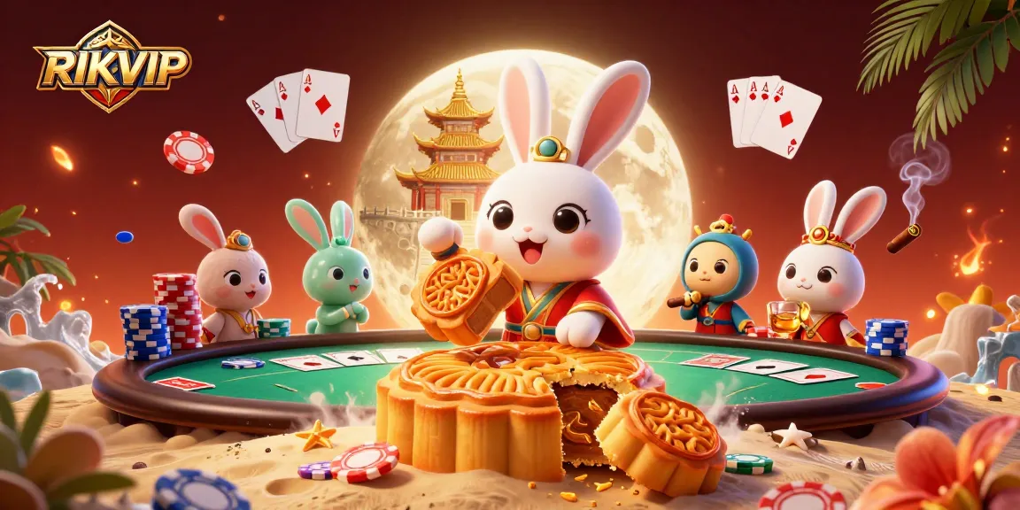 Experience the thrill of RIKVIP with a moon rabbit gaming scene surrounded by rich poker elements.