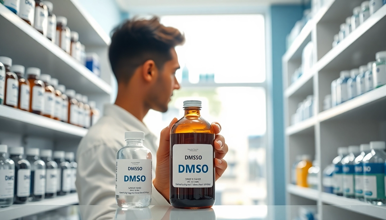 Shop for DMSO order with a customer examining a product in a well-organized pharmacy.