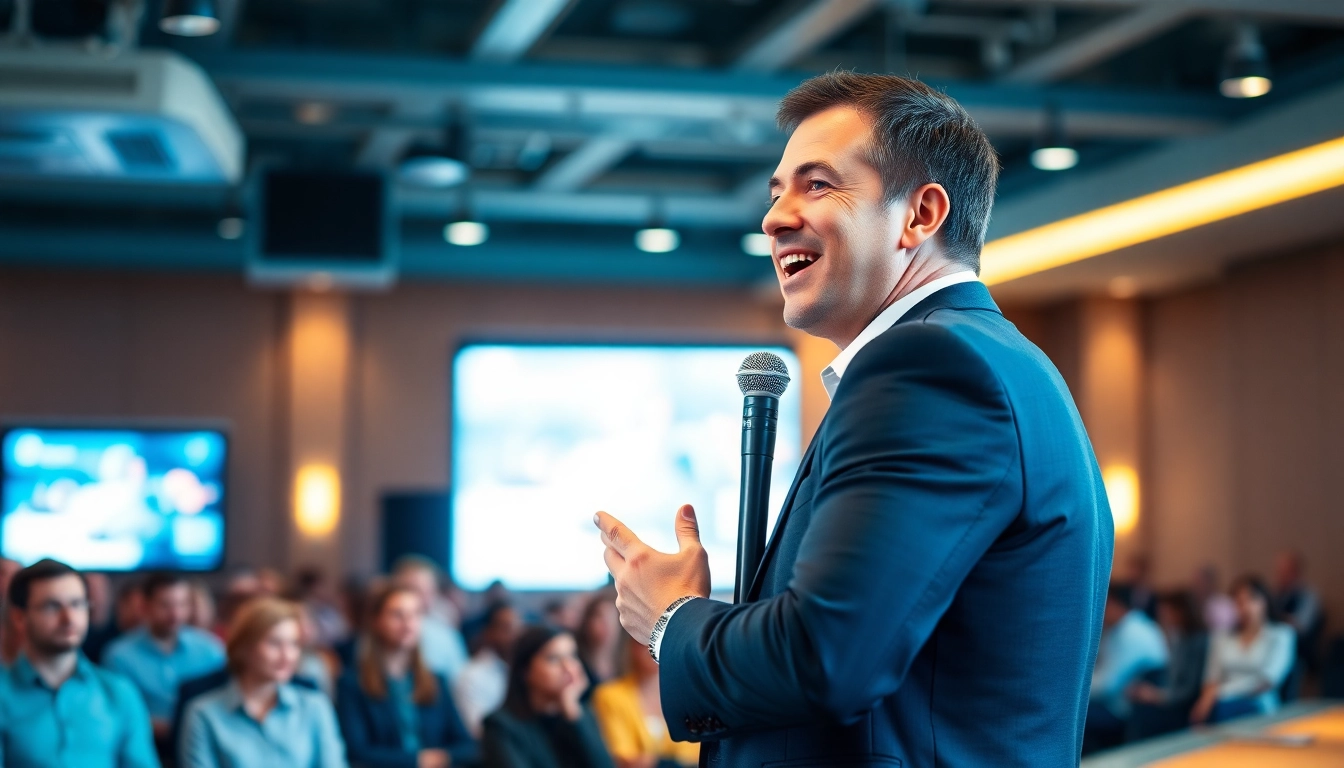 Keynote Speaker delivering a compelling presentation to an engaged audience in a bright conference environment.