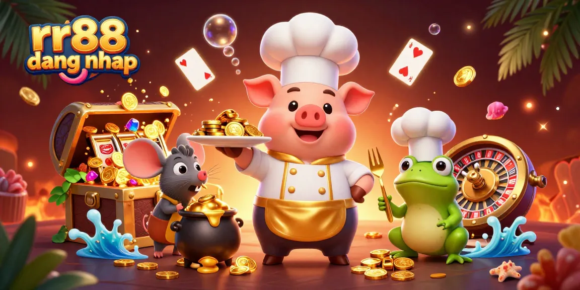 Spin the slots and win with rr88 dang nhap: Chef pig presents a gold coin platter.