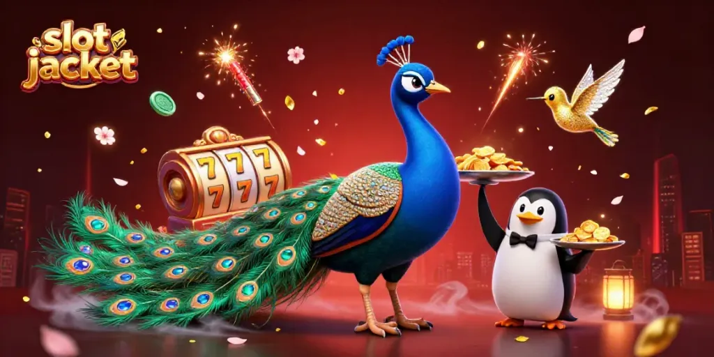 Mendapatkan slot jackpot dengan merak berkilau, penguin pelayan, dan burung kolibri di kasino 3D
