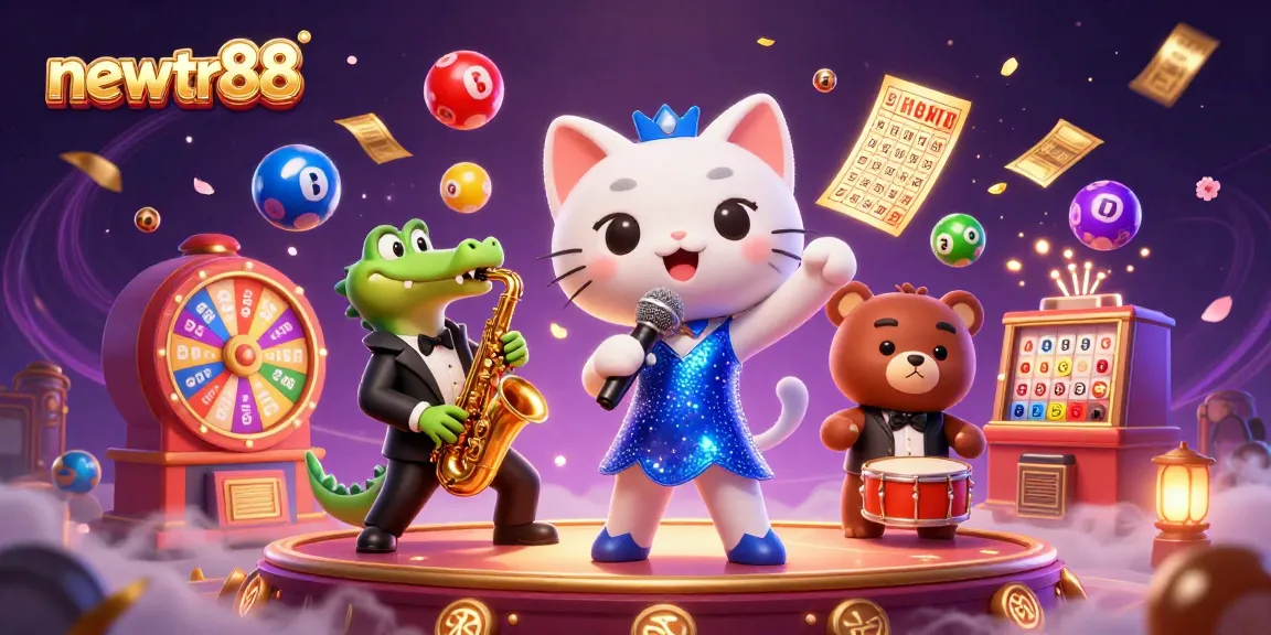 Engage with newtr88's vibrant casino scene featuring animated lottery elements, inviting players to win!