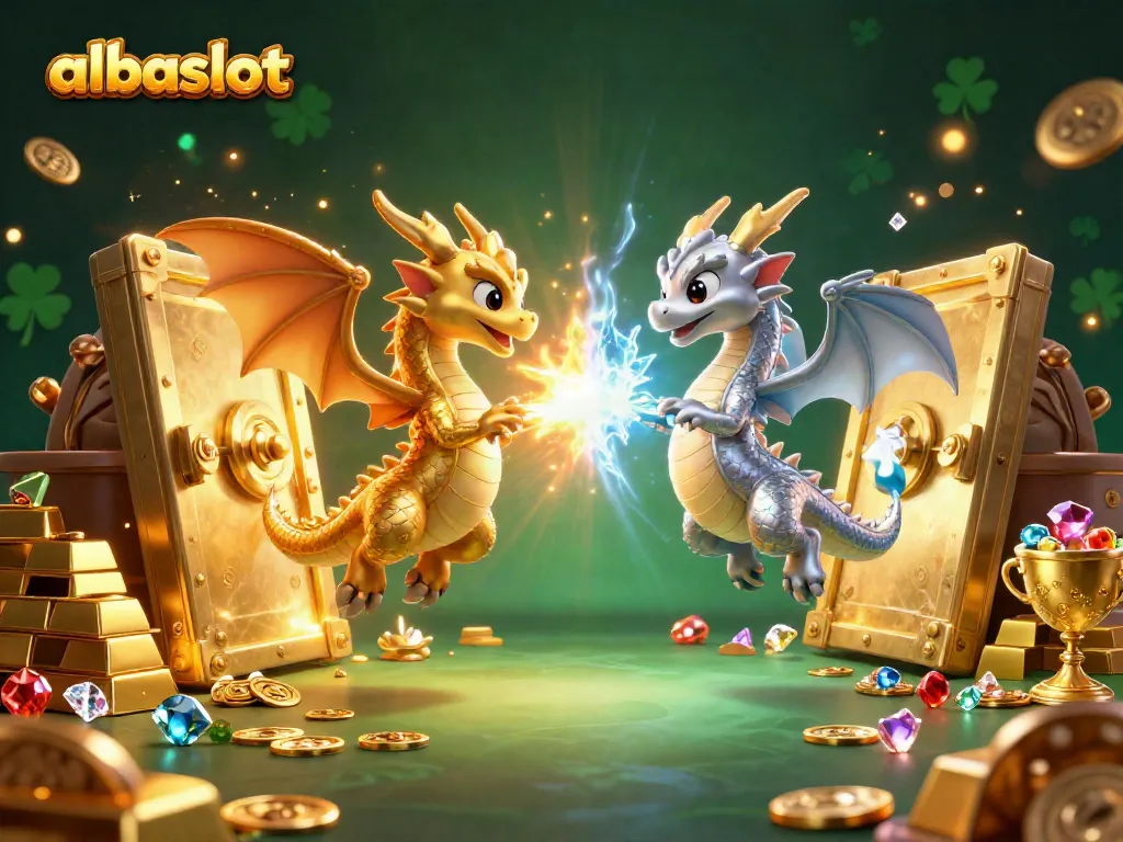 Raih kemenangan dengan albaslot, dua naga 3D terbang di atas tumpukan harta berkilau.