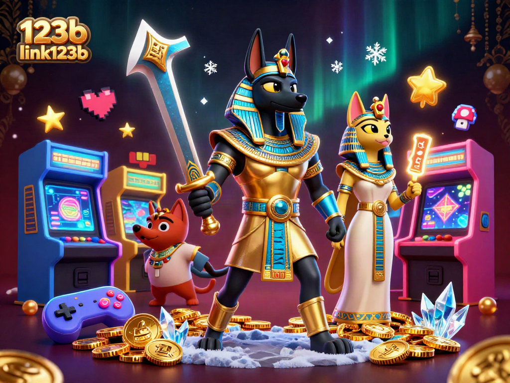 Engage in the thrill of 123b link123b with vibrant 3D gaming elements showcasing Anubis and Bastet.