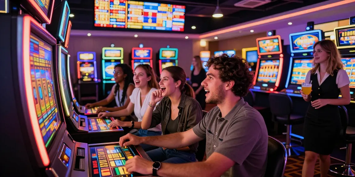 Engaging casino scene with friends playing slot terpercaya, showcasing excitement and vibrant atmosphere with colorful machines.