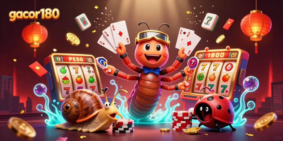 Gacor180 memamerkan dealer kartun 3D dengan tangan ratusan, kartu dan simbol mesin slot di sekelilingnya.