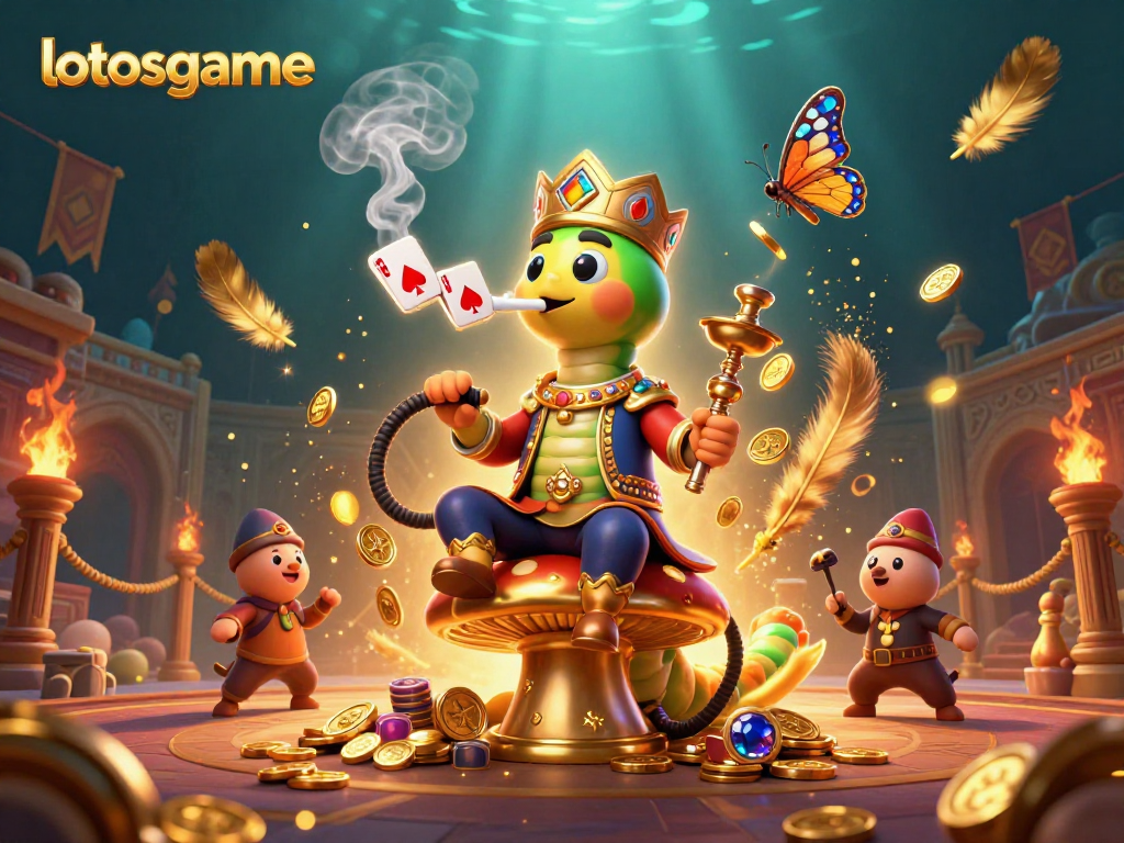 Lotosgame provides a captivating scene where unique characters engage in a card game amidst swirling golden particles.