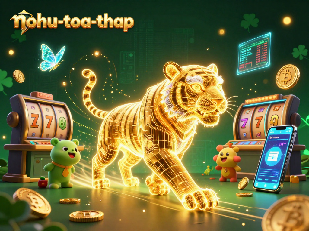 Engage with nohu-toa-thap, featuring neon-wireframe tiger in a vibrant casino scene.