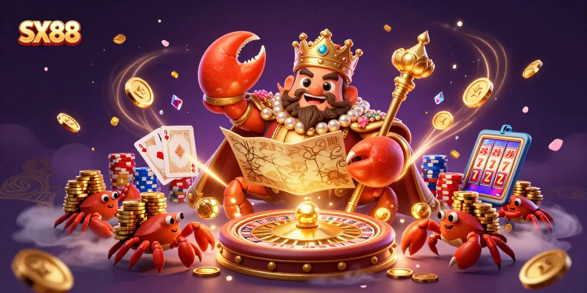 SX88 captivates players with an extravagant golden crab emperor amid cascading coins and lively gaming elements.