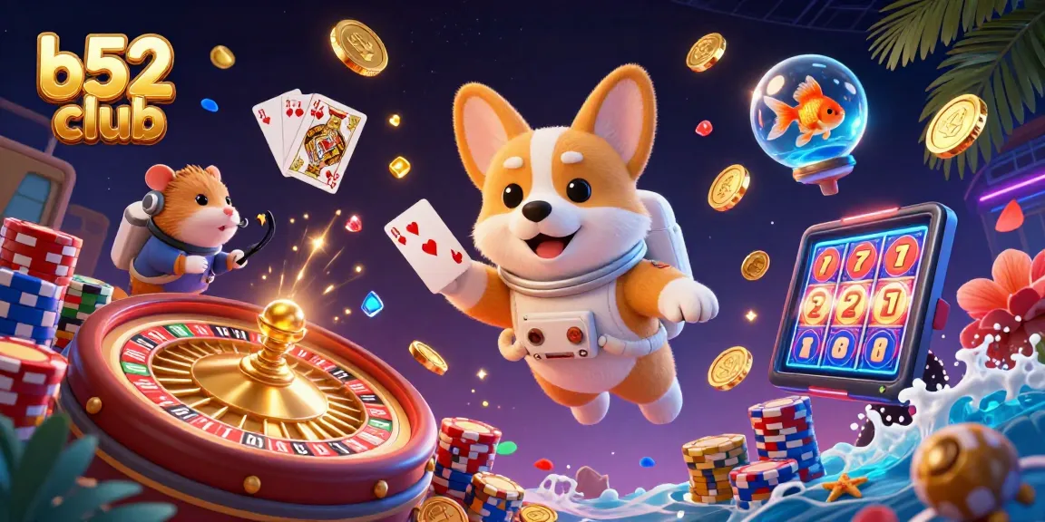 Join the excitement at b52club with a 3D casino scene featuring playful characters and dynamic gaming elements.
