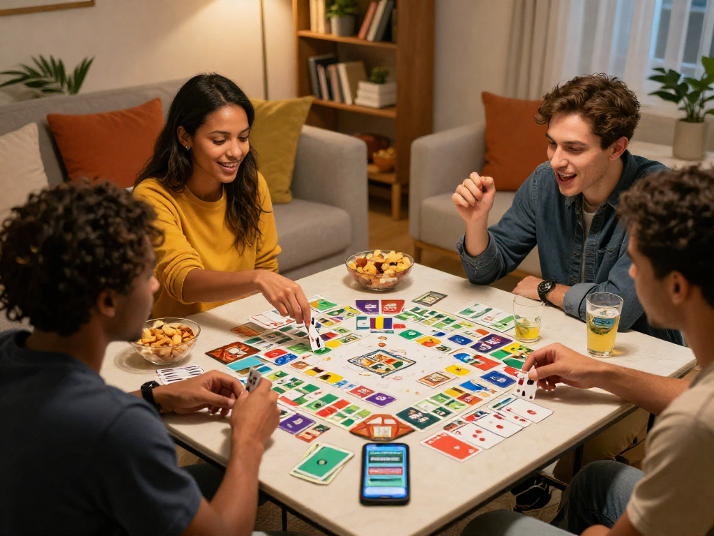 Friends enjoying a rummy game while using the Rumble Rummy app on their smartphones, showcasing vibrant cards and social interaction.