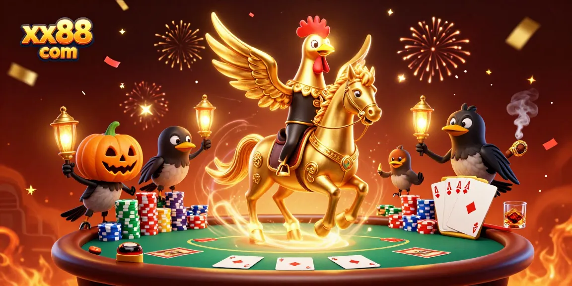Engage in vibrant gaming action at xx88 com featuring a golden rooster and poker elements.