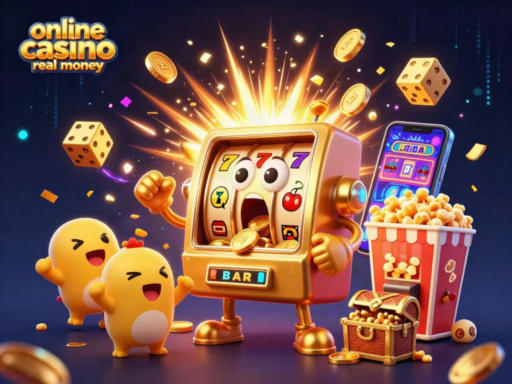 Engaging scene where a golden slot machine wins big, showcasing features of online casino real money.