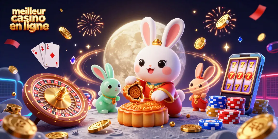 Meilleur casino en ligne : Une illustration festive avec un lapin lunaire, des jetons de poker et des pièces dorées.