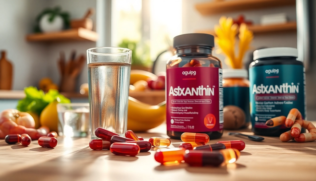 Visual representation of astaxanthin daily dosage with softgels, showcasing health benefits in a kitchen setting.