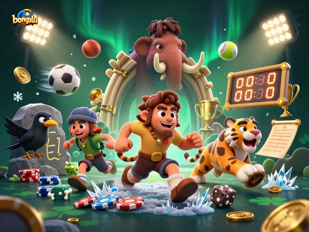 Bongdalu showcases a vibrant casino scene with a caveman, sabertooth tiger, and a clever crow, dynamic sports elements, and exciting game visuals.