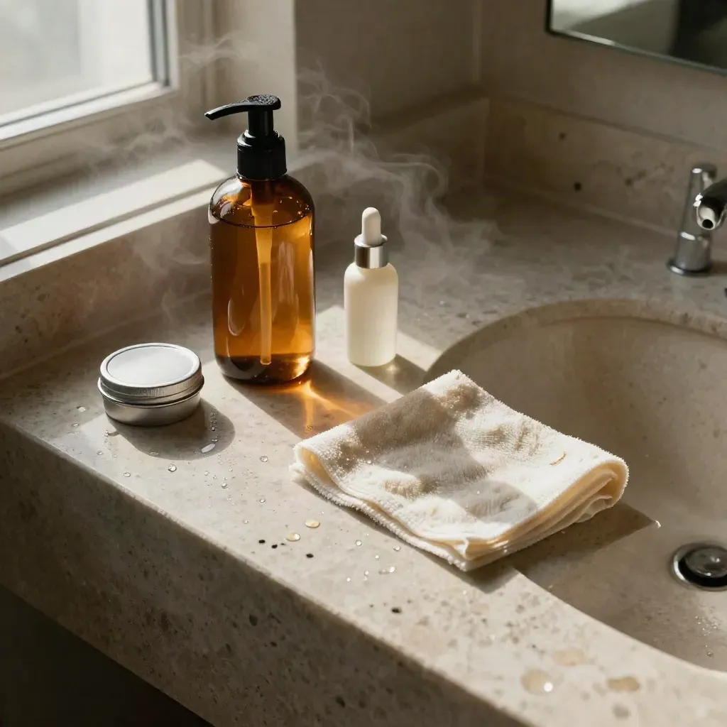 Amber cleanser, milky serum, balm tin and damp cloth on a steam-fogged limestone vanity.