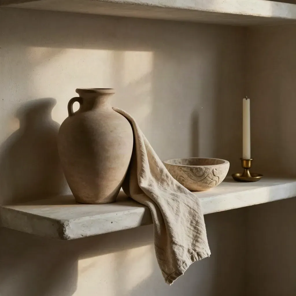 Clay vase, stone bowl, candle and sliding linen throw on a plaster shelf in warm afternoon light.