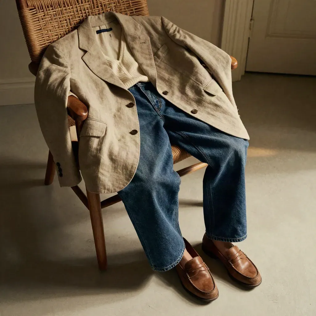 Outfit laid on a bedroom chair in soft afternoon light, with blazer, denim and loafers.