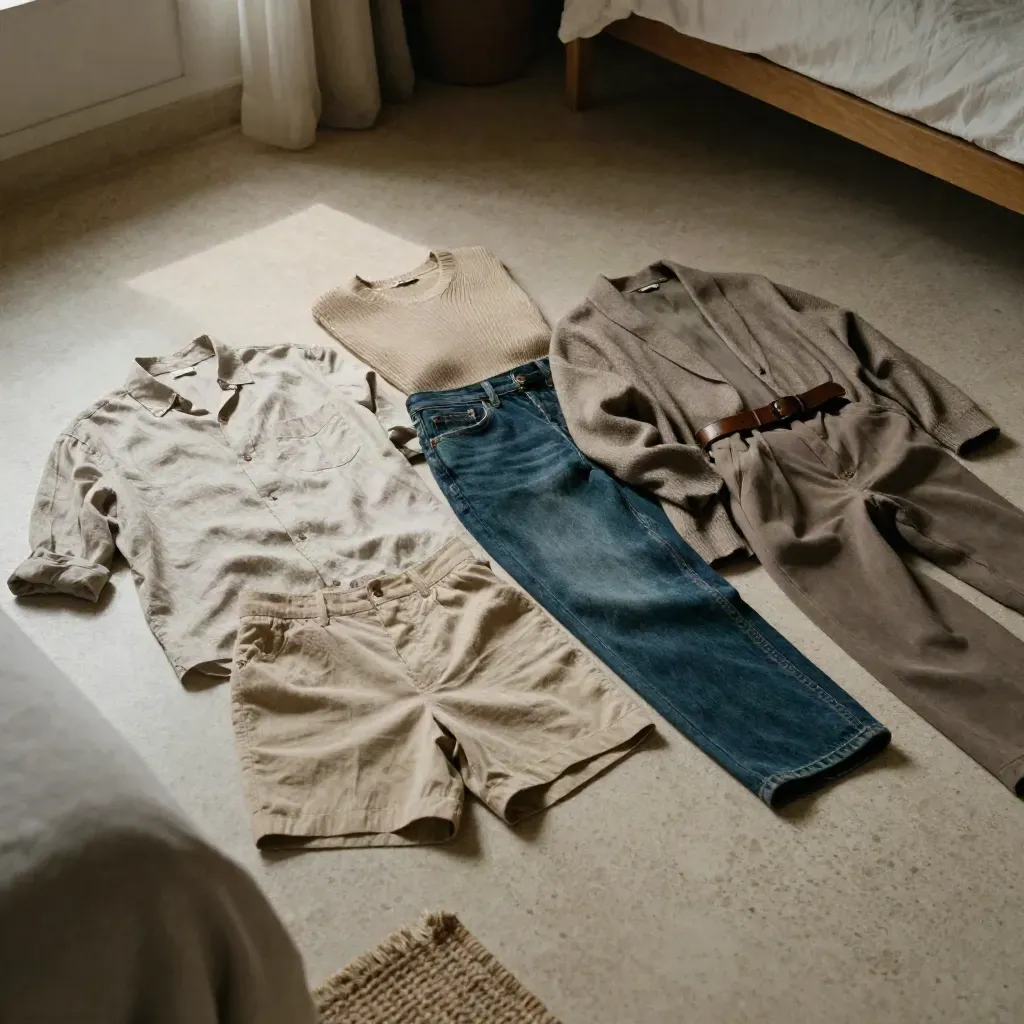 Top-down flat lay of linen, knit, denim and cardigan outfit stacks on pale stone.