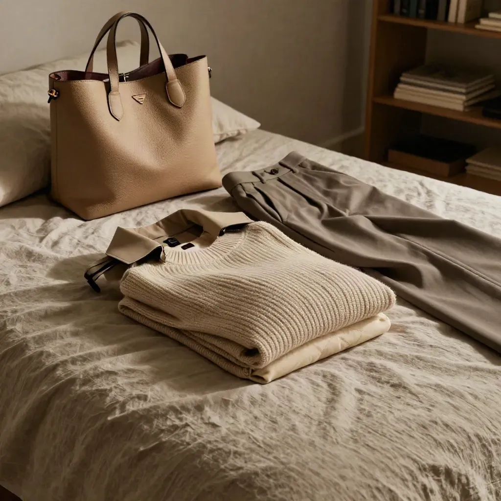 Cream trench, oat knit, taupe trousers and sand tote mid-fold on a sunlit bed in motion.