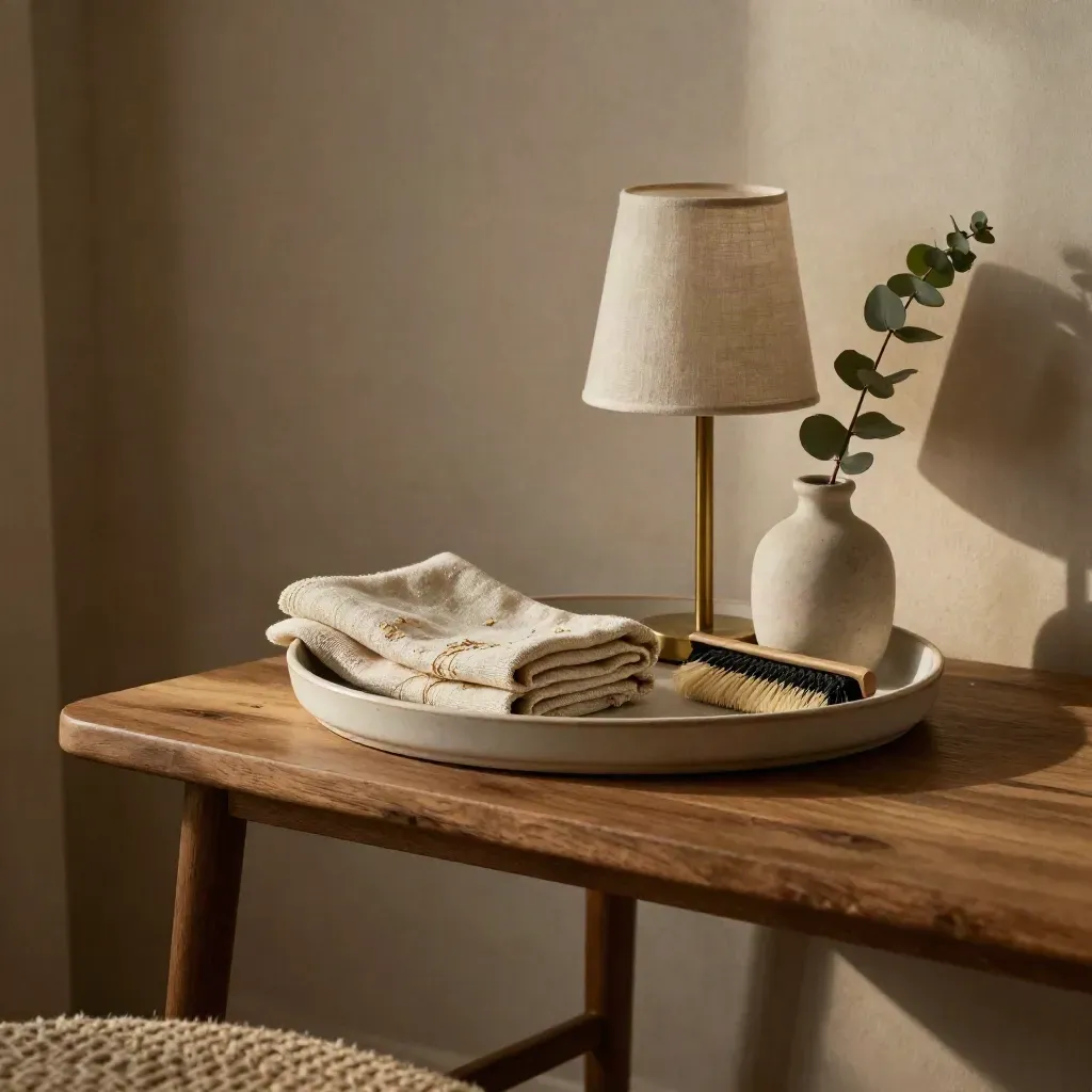 Side table with tray, throw, lamp, and eucalyptus in warm afternoon light