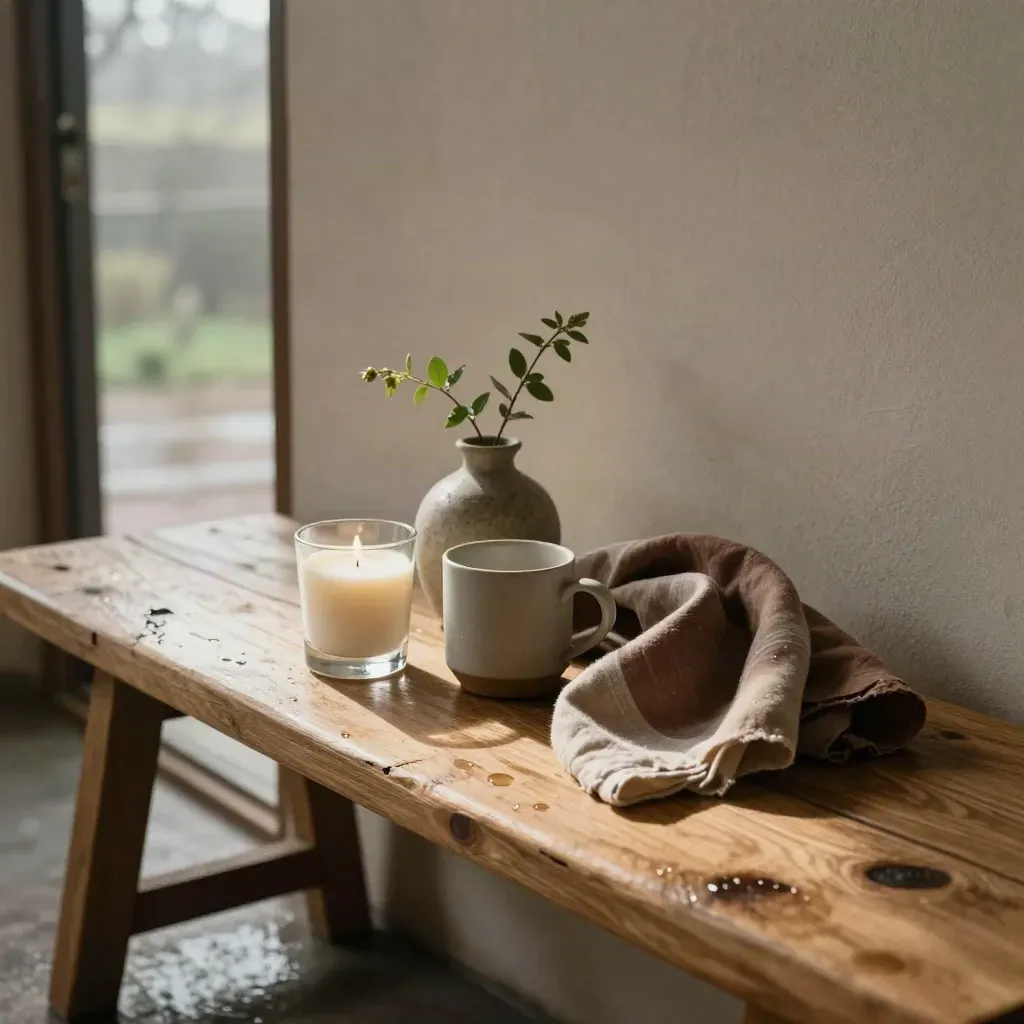 Gift bundle on a pale bench in morning rain light, with candle, mug, vase, and folded scarf.