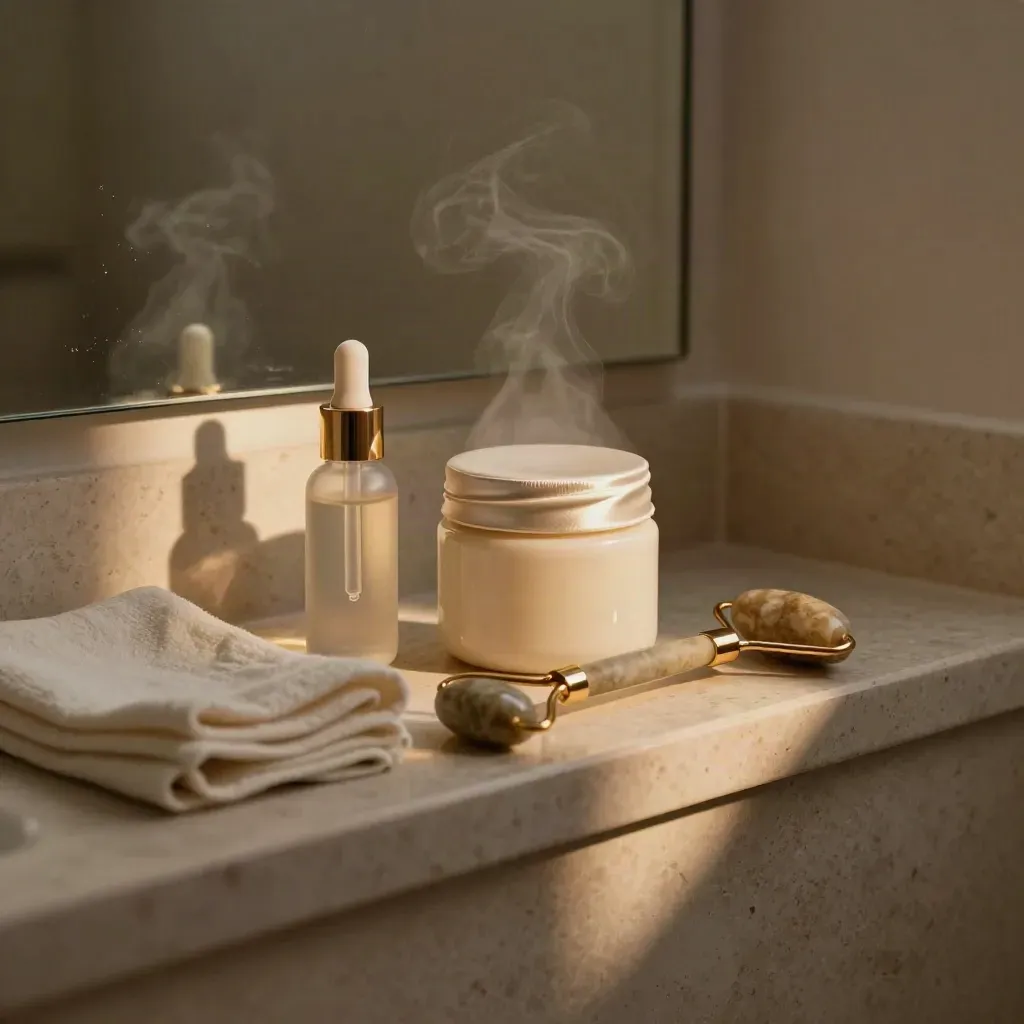 Skincare jar, serum, muslin cloth and stone roller on a steamy bathroom ledge at dusk
