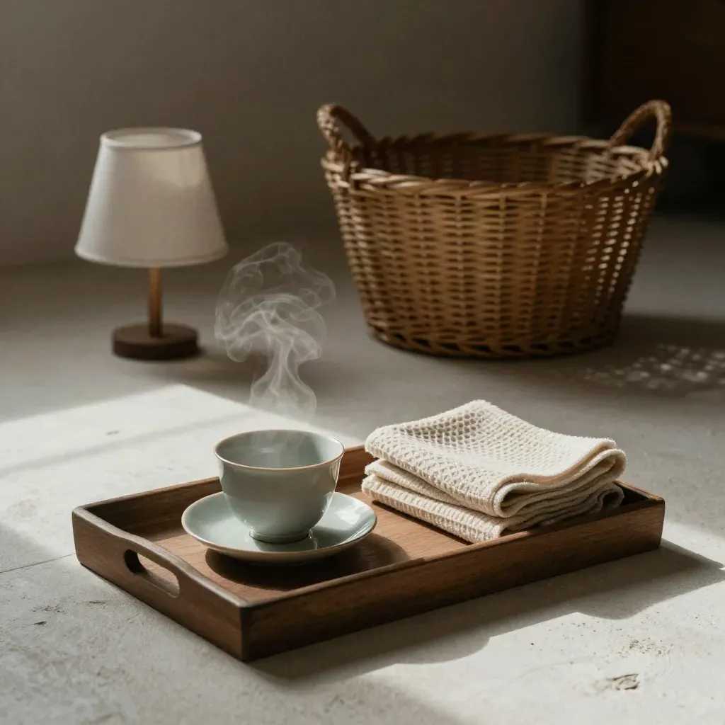 Tea tray, folded towels, laundry basket and lamp on a plaster floor, steam rising.