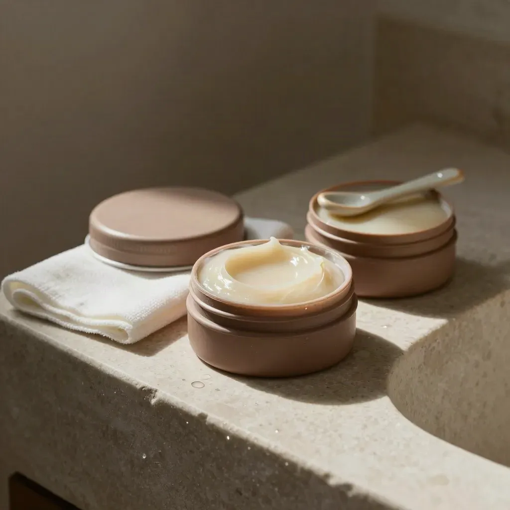 Three cleansing balm tins with a muslin pad and ceramic spoon on a stone sink in soft window light.