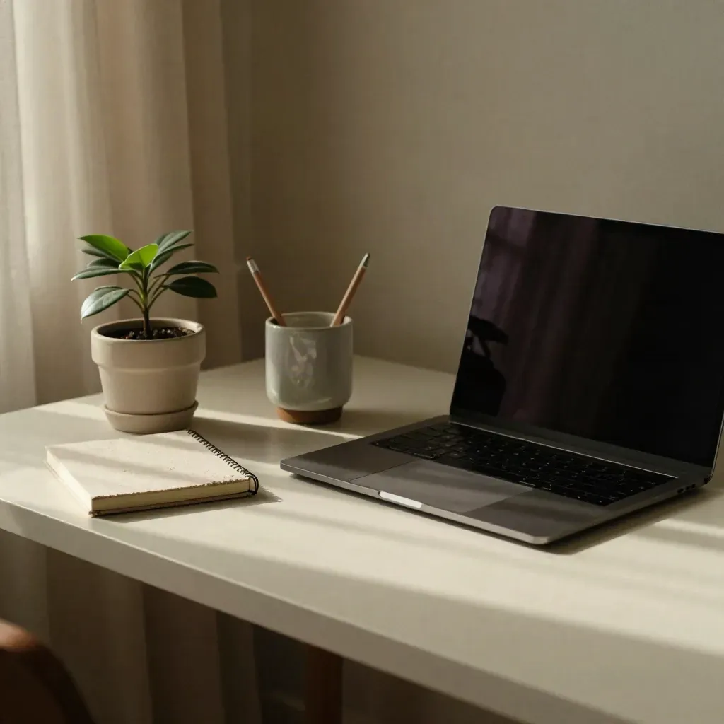 Closed laptop, stone notebook, ceramic cup and small plant on a pale desk in warm afternoon light.