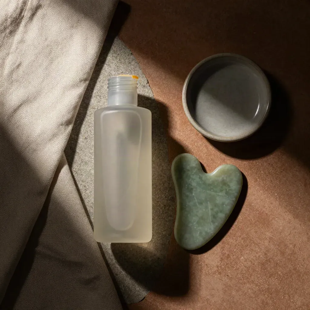 Opened cleanser bottle with jade gua sha, linen cloth, and ceramic dish on stone.