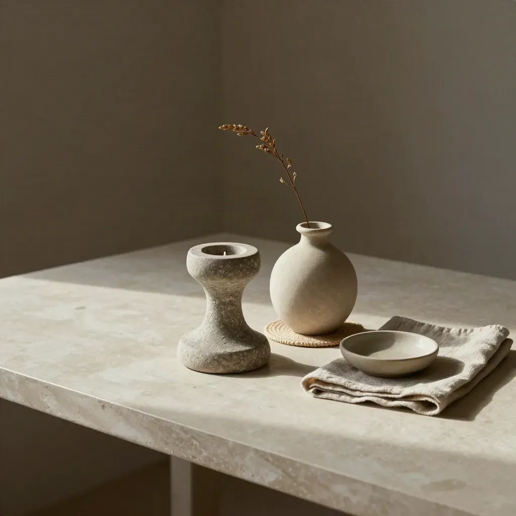 Stone candle holder, tiny vase, linen coaster and folded napkin on a plaster desk, overhead.