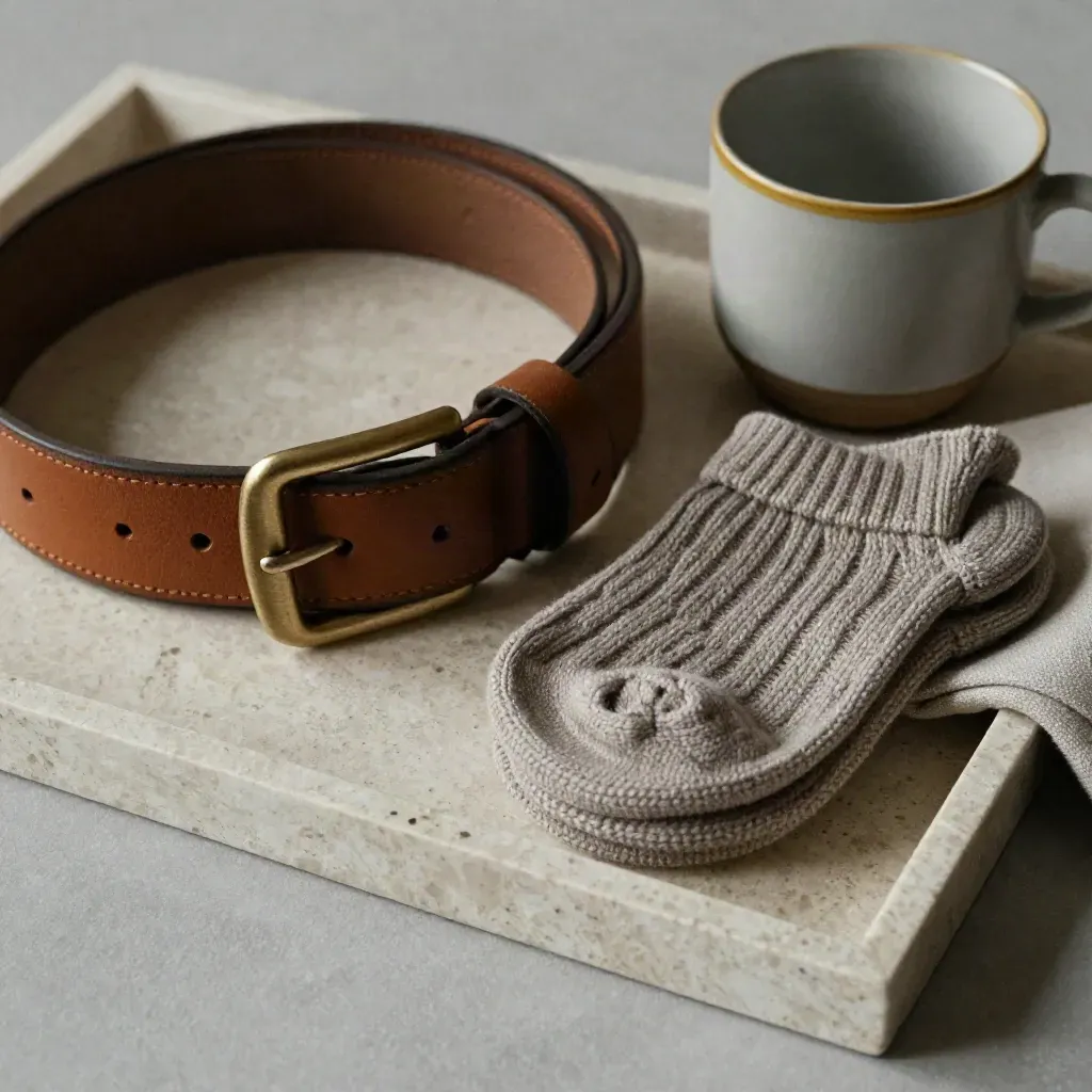 Belt, knit swatch, socks, and ceramic cup on a stone tray in soft daylight.