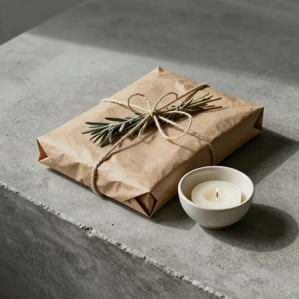 Wrapped kraft parcel with twine, candle, dried stem and ceramic bowl on pale concrete.