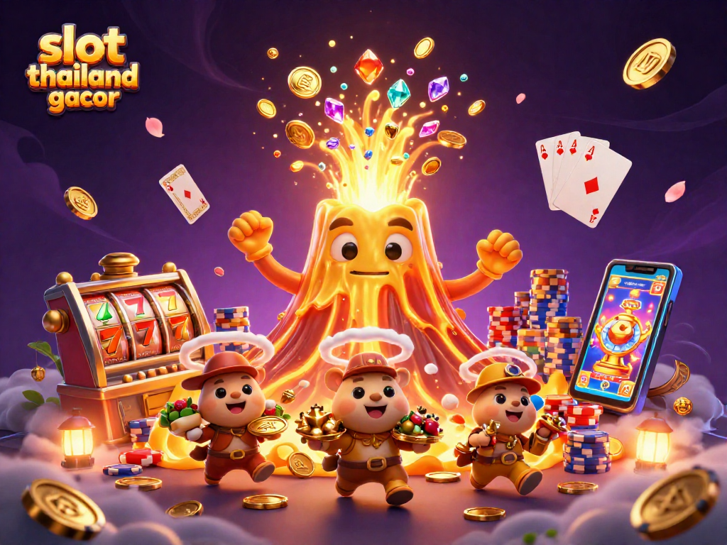 Engage with exciting slot thailand gacor action featuring a golden volcano erupting coins and tiny explorers collecting treasures.