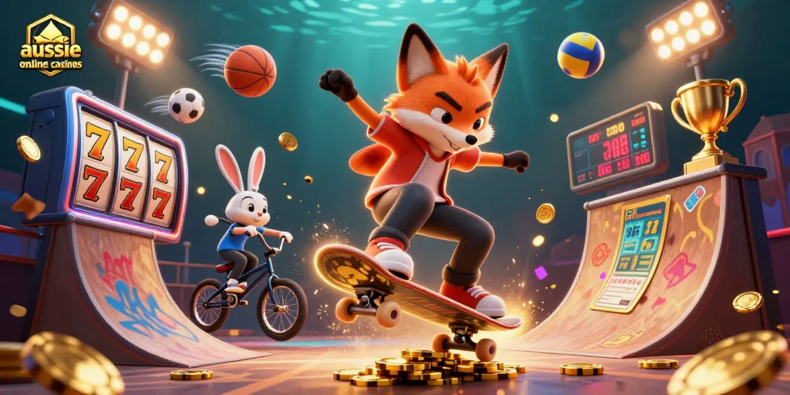 Engaging illustration showcasing aussie online casinos with a skateboarding fox and BMX rabbit amidst vibrant casino elements, symbolizing lively online gambling.