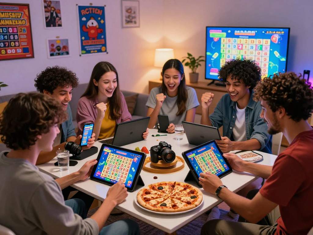 Friends excitedly playing Dewatogel lottery games on tablets in a cozy living room