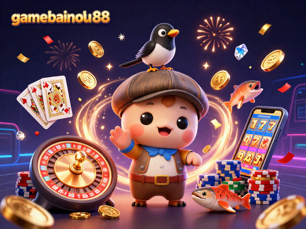 Spin the reels and collect bonuses with gamebainohu88’s vibrant casino-themed illustration, showcasing playful characters.