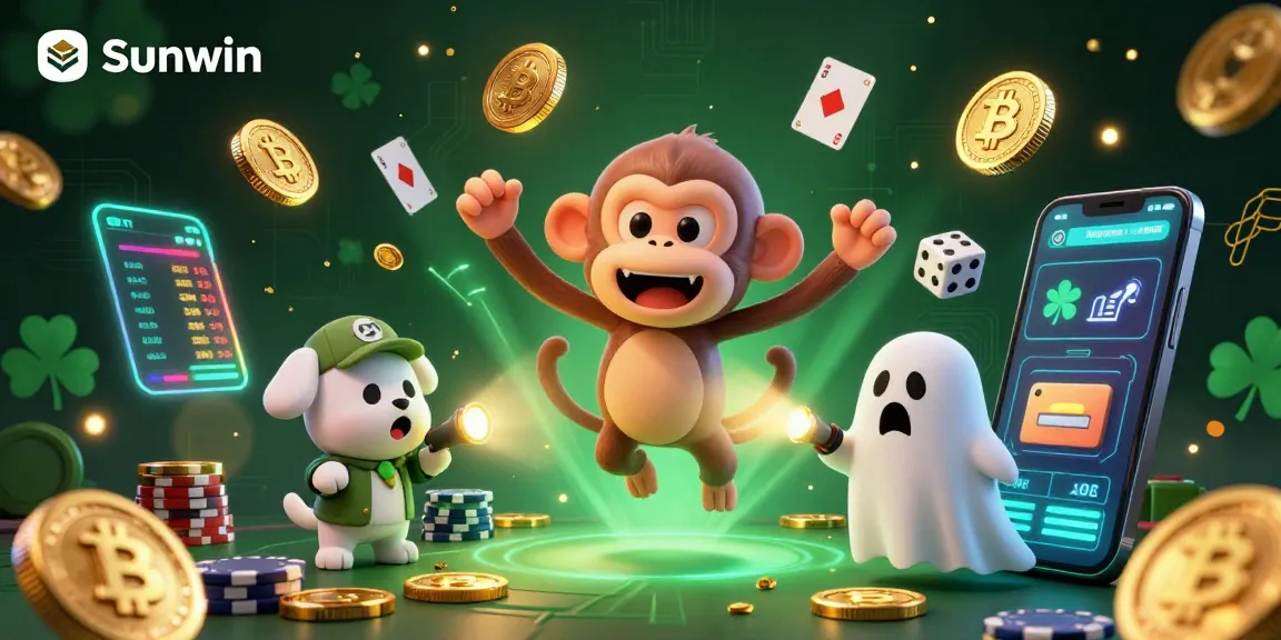Experience thrilling winnings with Sunwin; a playful scene of a mischievous ghost monkey juggling coins in a haunted casino.