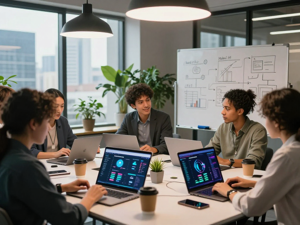 KYBER-SWAP showcases a collaborative DeFi trading environment with diverse team members analyzing market data.